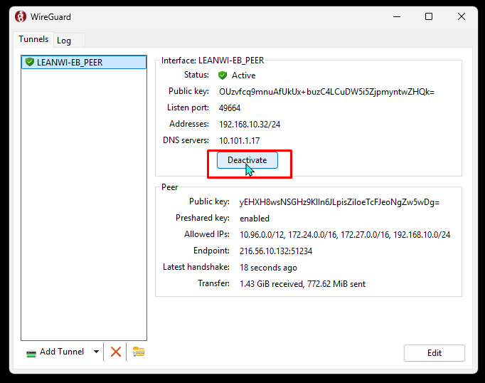 Screenshot of WireGuard dialog with cursor hovering over button labeled "Deactivate."