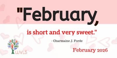 Text: February is short and very sweet. Pink background and pink hearts.